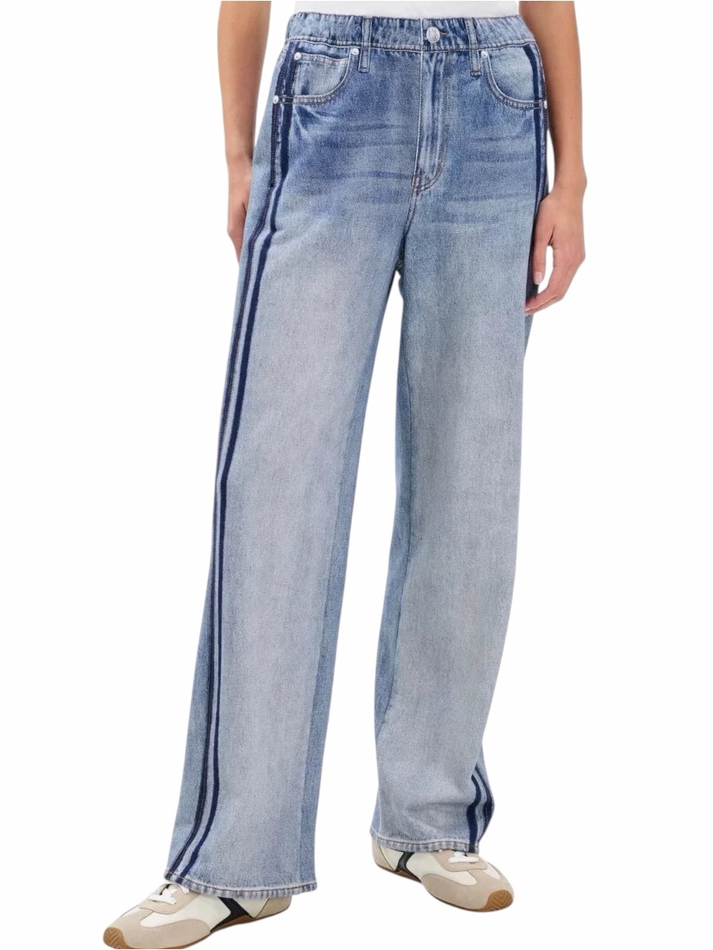 Mila Rosabella Wide Leg Denim Look Track Pants Side Stripe Y2K Athleisure Large
